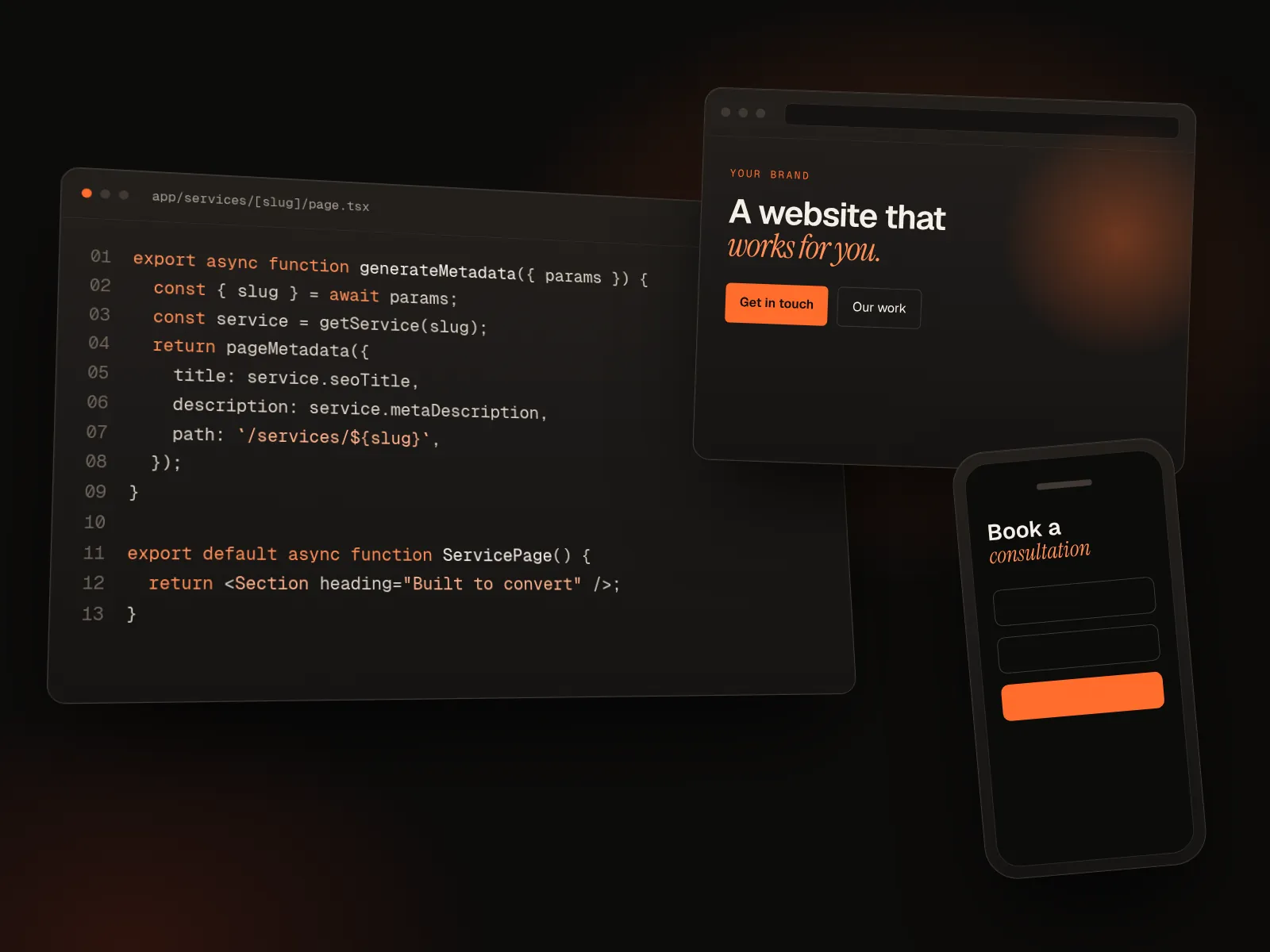 Development workspace with Next.js code, a business website preview and a mobile consultation booking screen.
